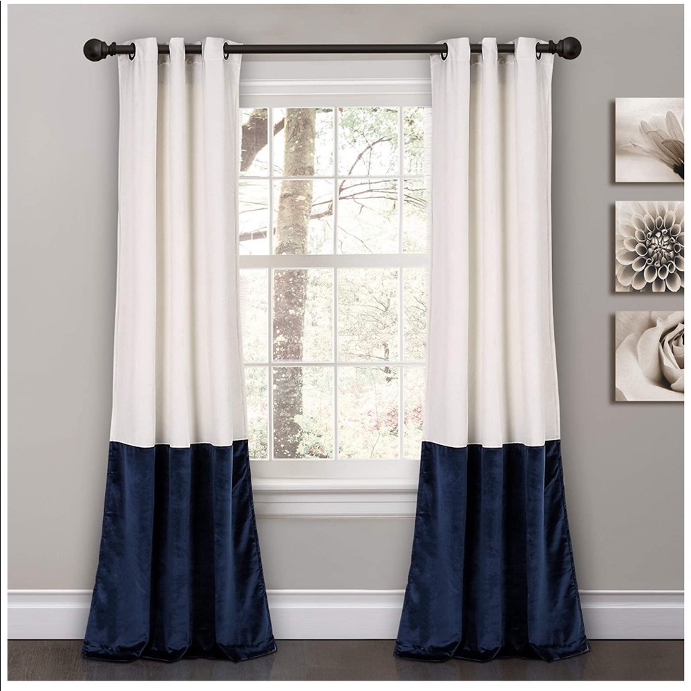 Velvet Color Block Curtains- navy